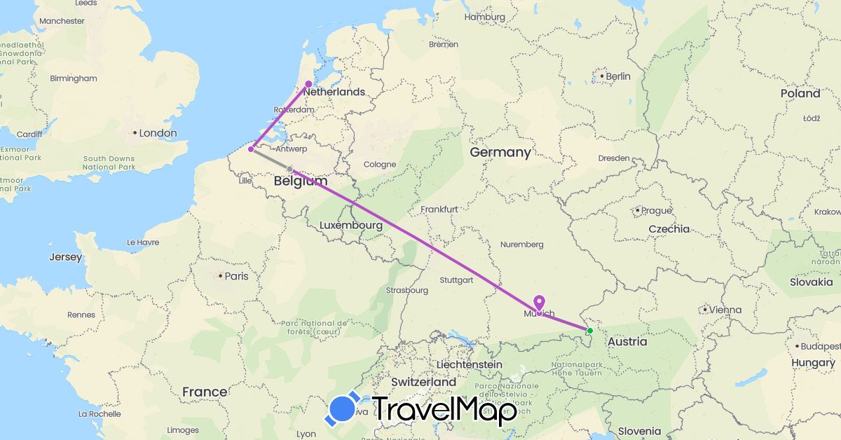 TravelMap itinerary: bus, plane, train in Austria, Belgium, Germany, Netherlands (Europe)